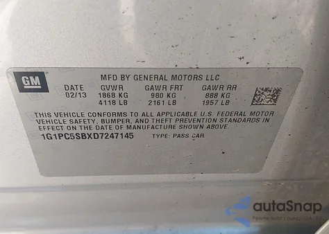 2013 Chevrolet Cruze 1Lt Auto z USA, uszkodzony, nr VIN 1G1PC5SBXD7247145